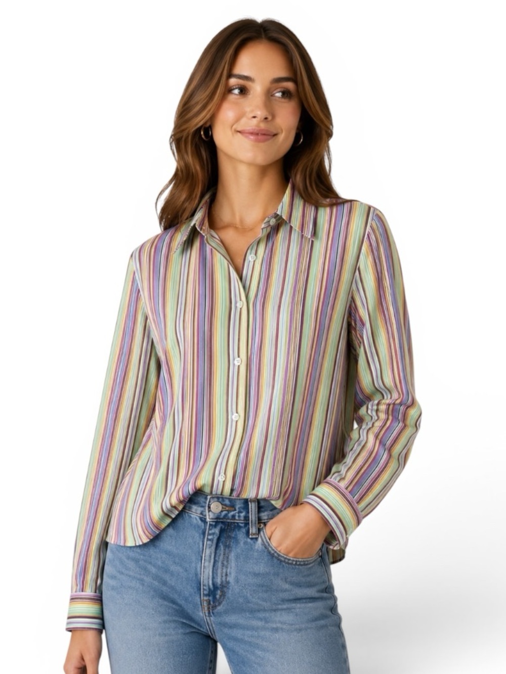 Foxcroft Purple & Yellow Multi-Stripe Button-Down Shirt Women’s Size 14